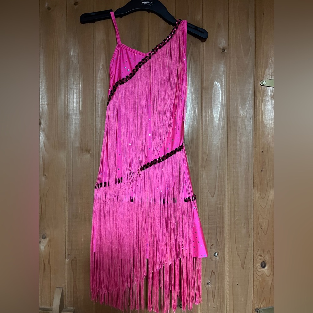 Pink dance costume with fringe size child XL